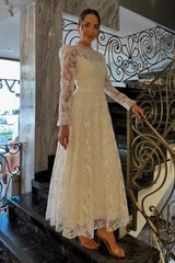 Ivory A-Line Wedding Dress High Neck Pearl Button Long Sheer Lace Sleeves Ruffle Cuff Allover Lace Victorian Modest Bridal Gown