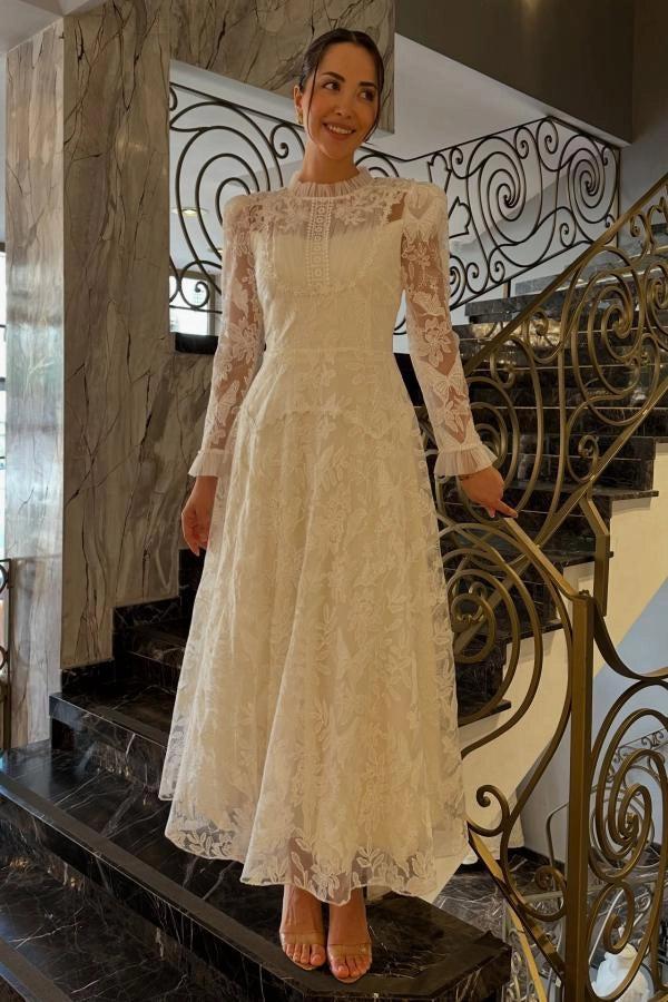 Ivory A-Line Wedding Dress High Neck Pearl Button Long Sheer Lace Sleeves Ruffle Cuff Allover Lace Victorian Modest Bridal Gown