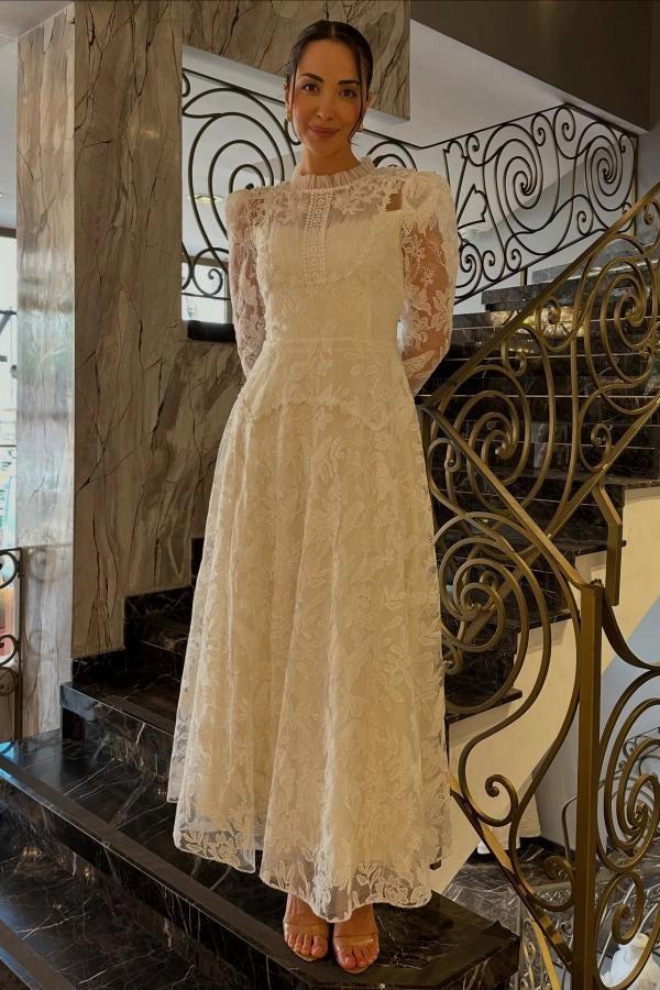 Ivory A-Line Wedding Dress High Neck Pearl Button Long Sheer Lace Sleeves Ruffle Cuff Allover Lace Victorian Modest Bridal Gown