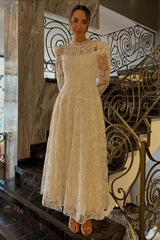 Ivory A-Line Wedding Dress High Neck Pearl Button Long Sheer Lace Sleeves Ruffle Cuff Allover Lace Victorian Modest Bridal Gown