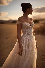 Ivory A-Line Wedding Dress Off Shoulder Sweetheart Sheer Boned Corset 3D Floral Beaded Tulle High Slit Bridal Gown with Chapel Train