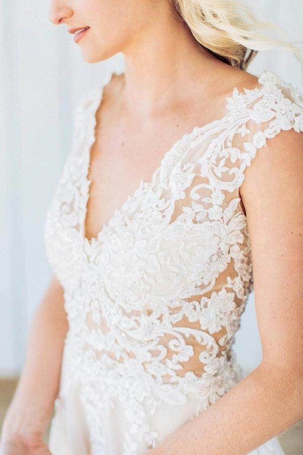 Ivory A-Line Wedding Dress V Neck Cap Sleeves Illusion Baroque Lace Bodice Deep V Back Tulle Boho Bridal Gown with Chapel Train