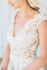 Ivory A-Line Wedding Dress V Neck Cap Sleeves Illusion Baroque Lace Bodice Deep V Back Tulle Boho Bridal Gown with Chapel Train