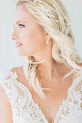 Ivory A-Line Wedding Dress V Neck Cap Sleeves Illusion Baroque Lace Bodice Deep V Back Tulle Boho Bridal Gown with Chapel Train