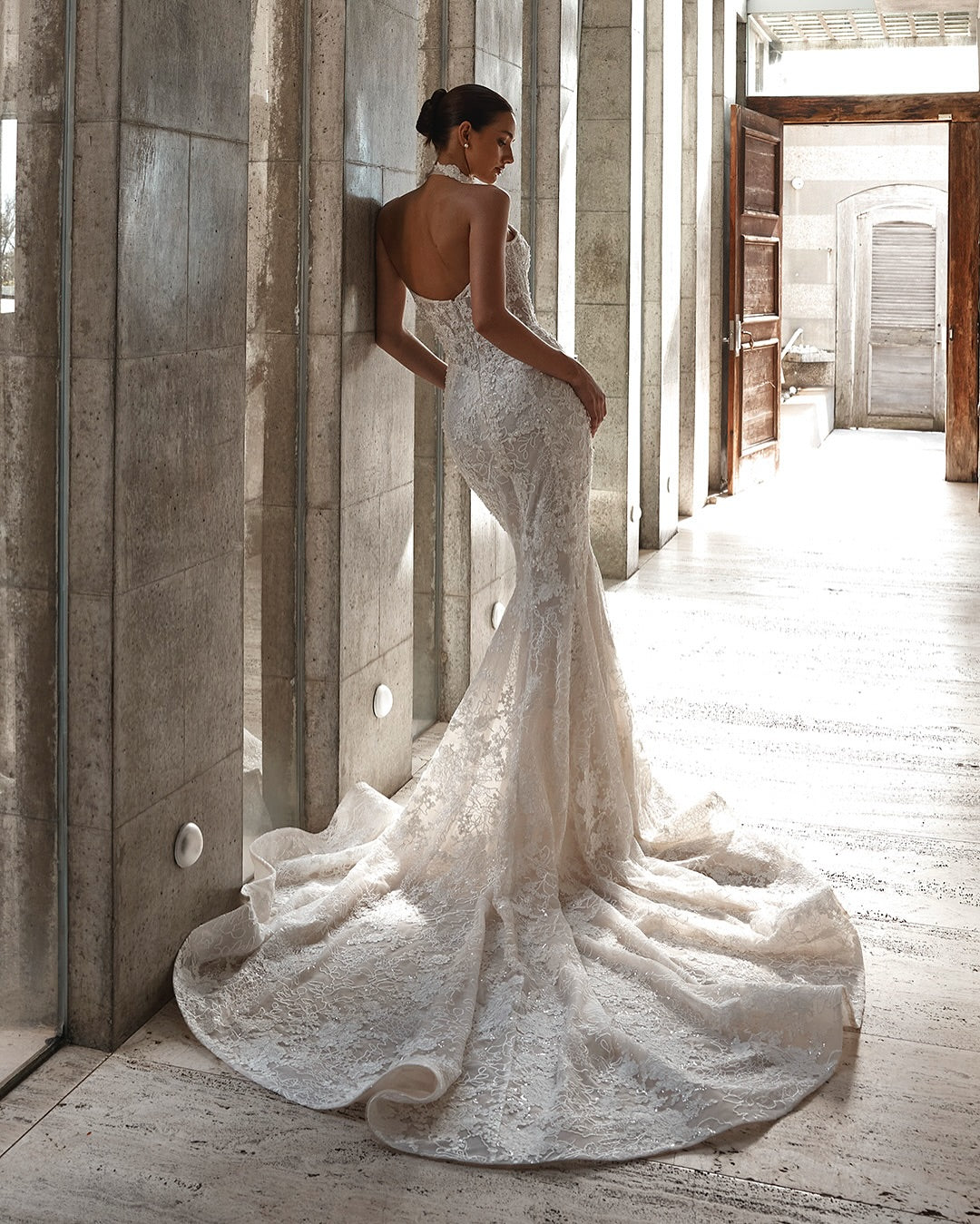 Ivory Beaded Lace Mermaid Wedding Dress Sweetheart Sleeveless Open Back Cathedral Train Bridal Gown