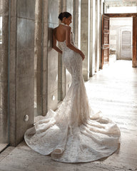 Ivory Beaded Lace Mermaid Wedding Dress Sweetheart Sleeveless Open Back Cathedral Train Bridal Gown