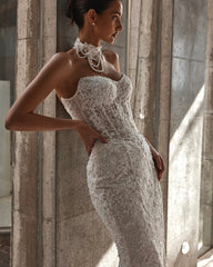 Ivory Beaded Lace Mermaid Wedding Dress Sweetheart Sleeveless Open Back Cathedral Train Bridal Gown