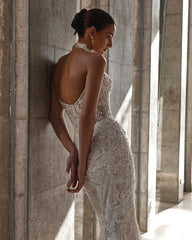 Ivory Beaded Lace Mermaid Wedding Dress Sweetheart Sleeveless Open Back Cathedral Train Bridal Gown