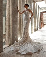 Ivory Beaded Lace Mermaid Wedding Dress Sweetheart Sleeveless Open Back Cathedral Train Bridal Gown