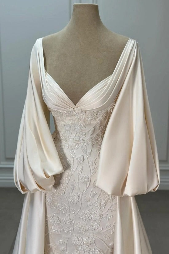 Ivory Beaded Lace Mermaid Wedding Dress V-Neck Detachable Satin Balloon Sleeve Wrap Bridal Gown with Train