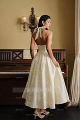 Ivory Beaded Rhinestone Halter Lace Corset Bow A-Line Sleeveless Midi Formal Dress