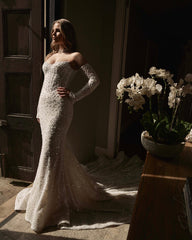 Ivory Beaded Rhinestone Mermaid Wedding Dress Strapless Long Sleeves Corset Bodice Detachable Satin Train Bridal Gown