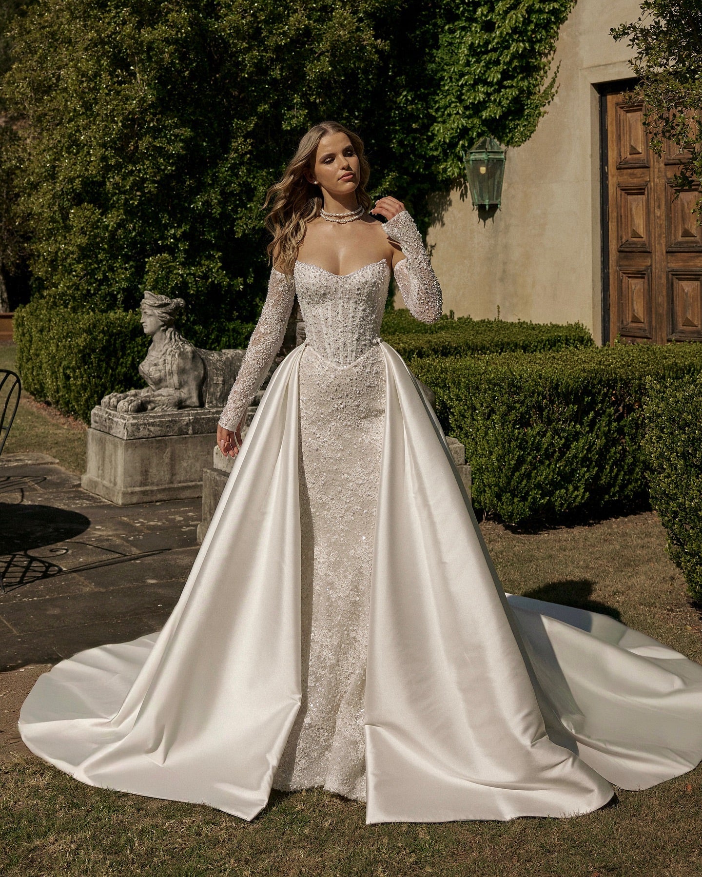 Ivory Beaded Rhinestone Mermaid Wedding Dress Strapless Long Sleeves Corset Bodice Detachable Satin Train Bridal Gown