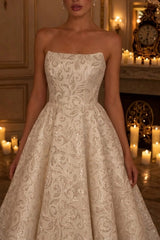 Ivory Champagne Sequin Embroidered Strapless Ball Gown Wedding Dress Hi-Low Bridal Gown Open Back