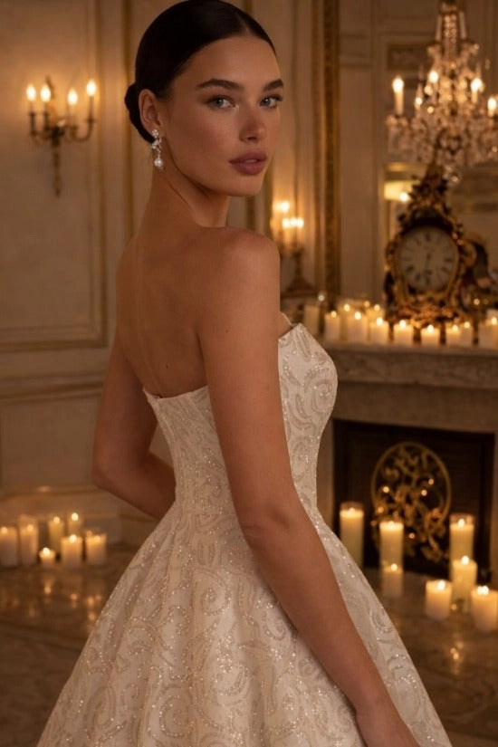 Ivory Champagne Sequin Embroidered Strapless Ball Gown Wedding Dress Hi-Low Bridal Gown Open Back