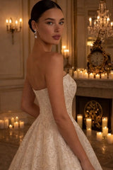 Ivory Champagne Sequin Embroidered Strapless Ball Gown Wedding Dress Hi-Low Bridal Gown Open Back