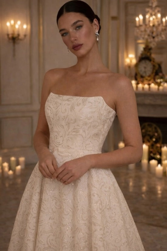 Ivory Champagne Sequin Embroidered Strapless Ball Gown Wedding Dress Hi-Low Bridal Gown Open Back