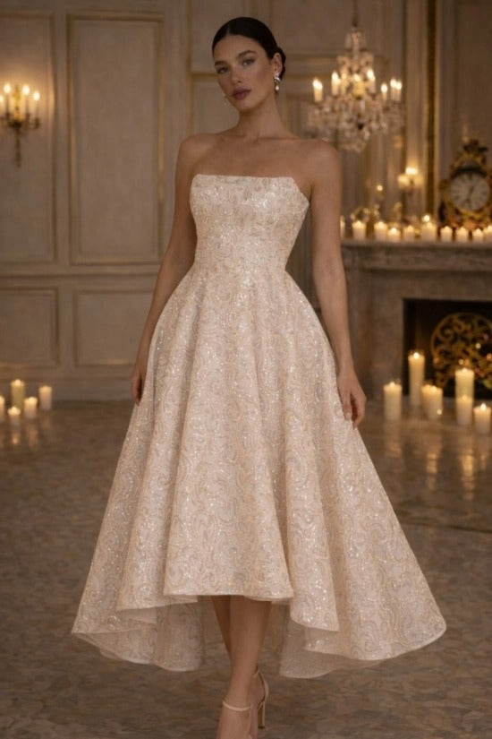 Ivory Champagne Sequin Embroidered Strapless Ball Gown Wedding Dress Hi-Low Bridal Gown Open Back