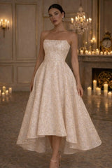 Ivory Champagne Sequin Embroidered Strapless Ball Gown Wedding Dress Hi-Low Bridal Gown Open Back