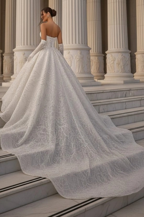 Ivory Glitter Lace Ball Gown Wedding Dress Strapless Sweetheart Crystal Chain Beading Corset Princess Bridal Gown with Royal Train