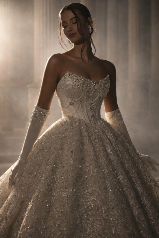Ivory Glitter Lace Ball Gown Wedding Dress Strapless Sweetheart Crystal Chain Beading Corset Princess Bridal Gown with Royal Train
