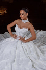 Ivory Glitter Lace Ball Gown Wedding Dress Strapless Sweetheart Illusion Lace Corset Crystal Beading Princess Bridal Gown with Cathedral Train