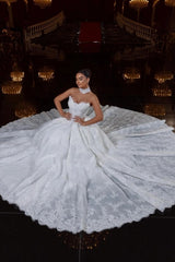 Ivory Glitter Lace Ball Gown Wedding Dress Strapless Sweetheart Illusion Lace Corset Crystal Beading Princess Bridal Gown with Cathedral Train