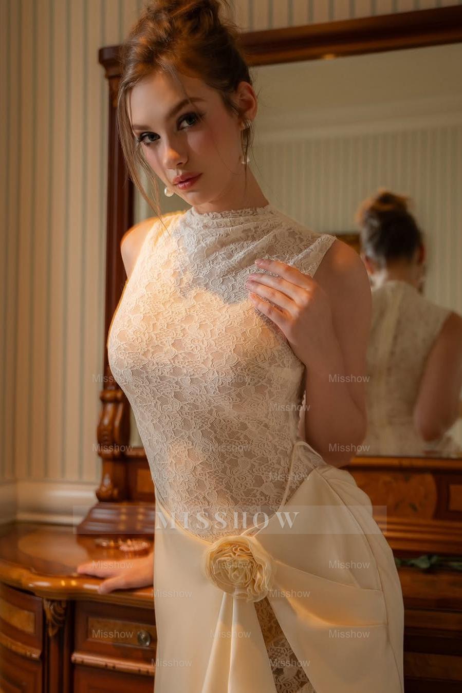 Ivory High Neck Sleeveless Mermaid Lace Floral Waist Sash Floor Length Evening Gown