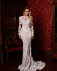 Ivory Illusion High Neck Long Sleeve Mermaid Wedding Dress Full Lace Applique Open Back Chapel Train Bridal Gown