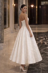 Ivory Jacquard Satin Strapless Tea Length Wedding Dress Ball Gown Minimalist Bridal Gown
