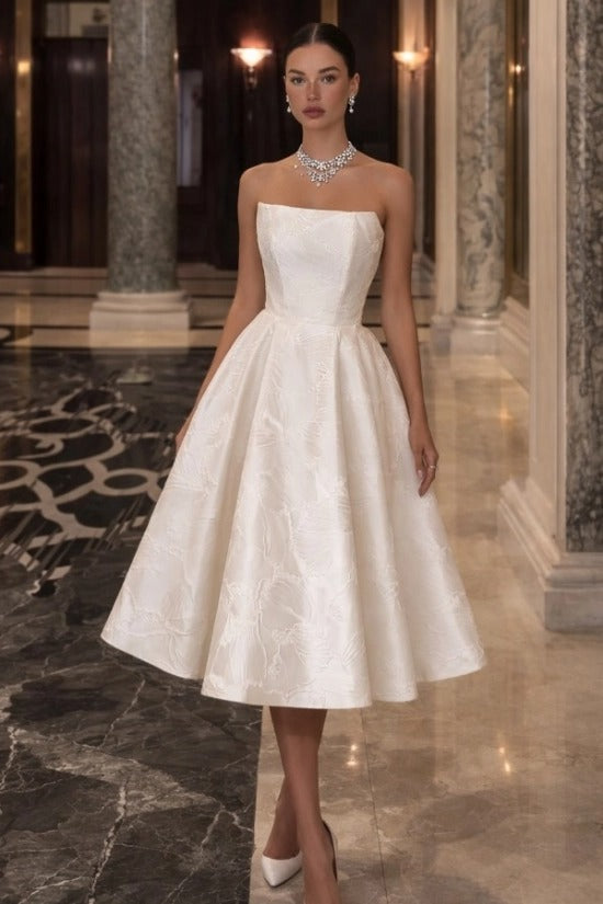 Ivory Jacquard Satin Strapless Tea Length Wedding Dress Ball Gown Minimalist Bridal Gown