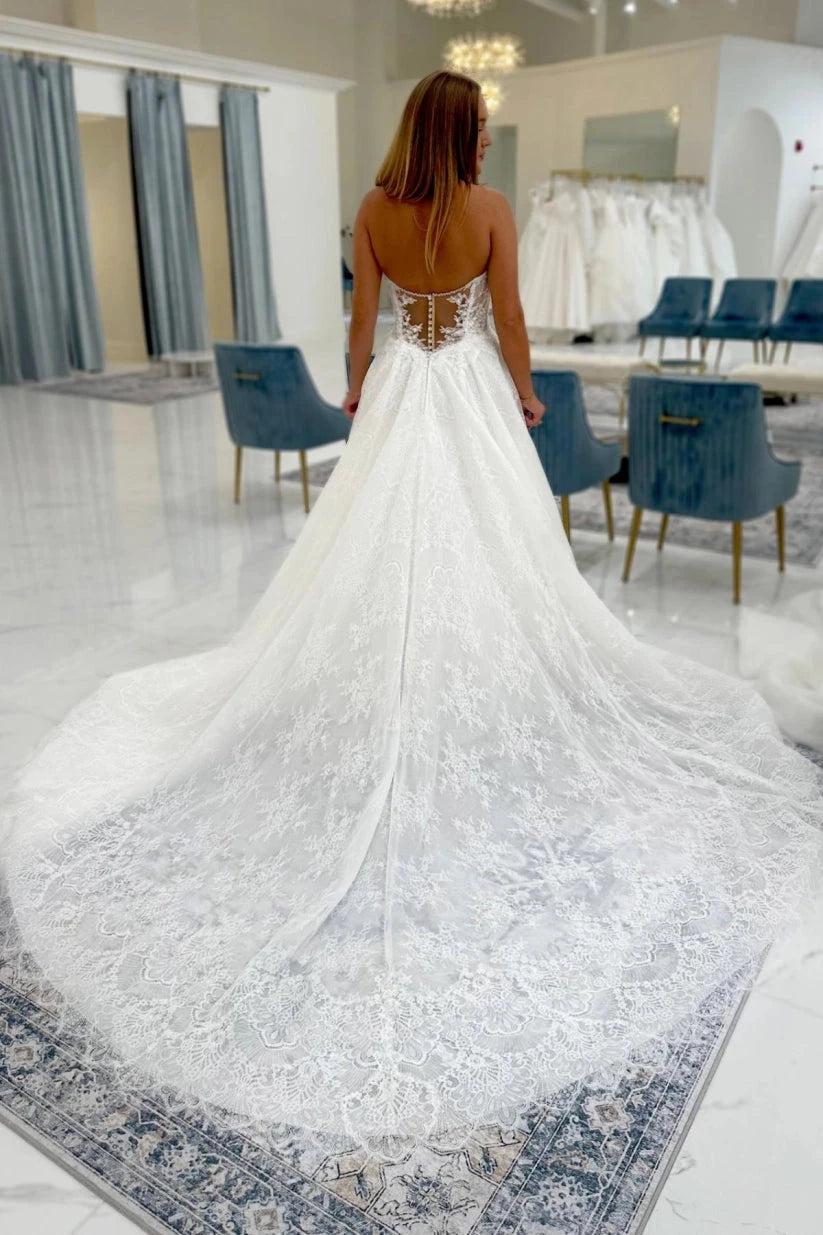 Ivory Lace A-Line Wedding Dress Strapless Sweetheart Illusion Beaded Boned Corset Detachable Off-Shoulder Sleeves Pearl Button Back Cathedral Train