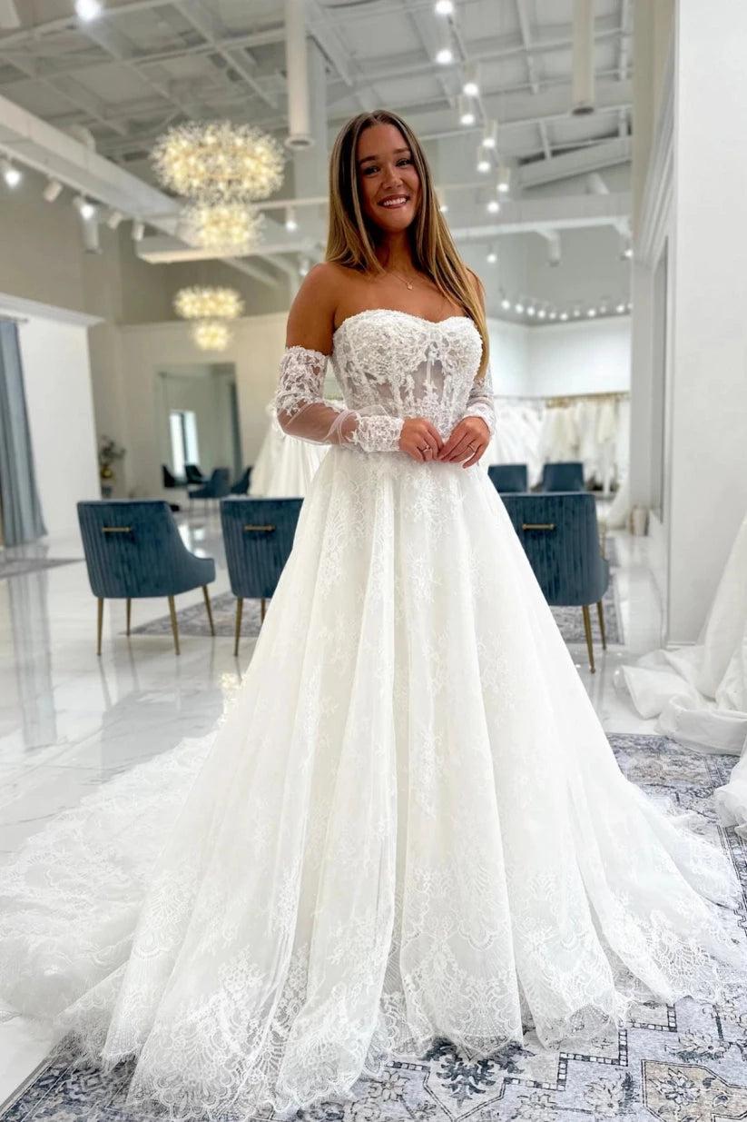 Ivory Lace A-Line Wedding Dress Strapless Sweetheart Illusion Beaded Boned Corset Detachable Off-Shoulder Sleeves Pearl Button Back Cathedral Train