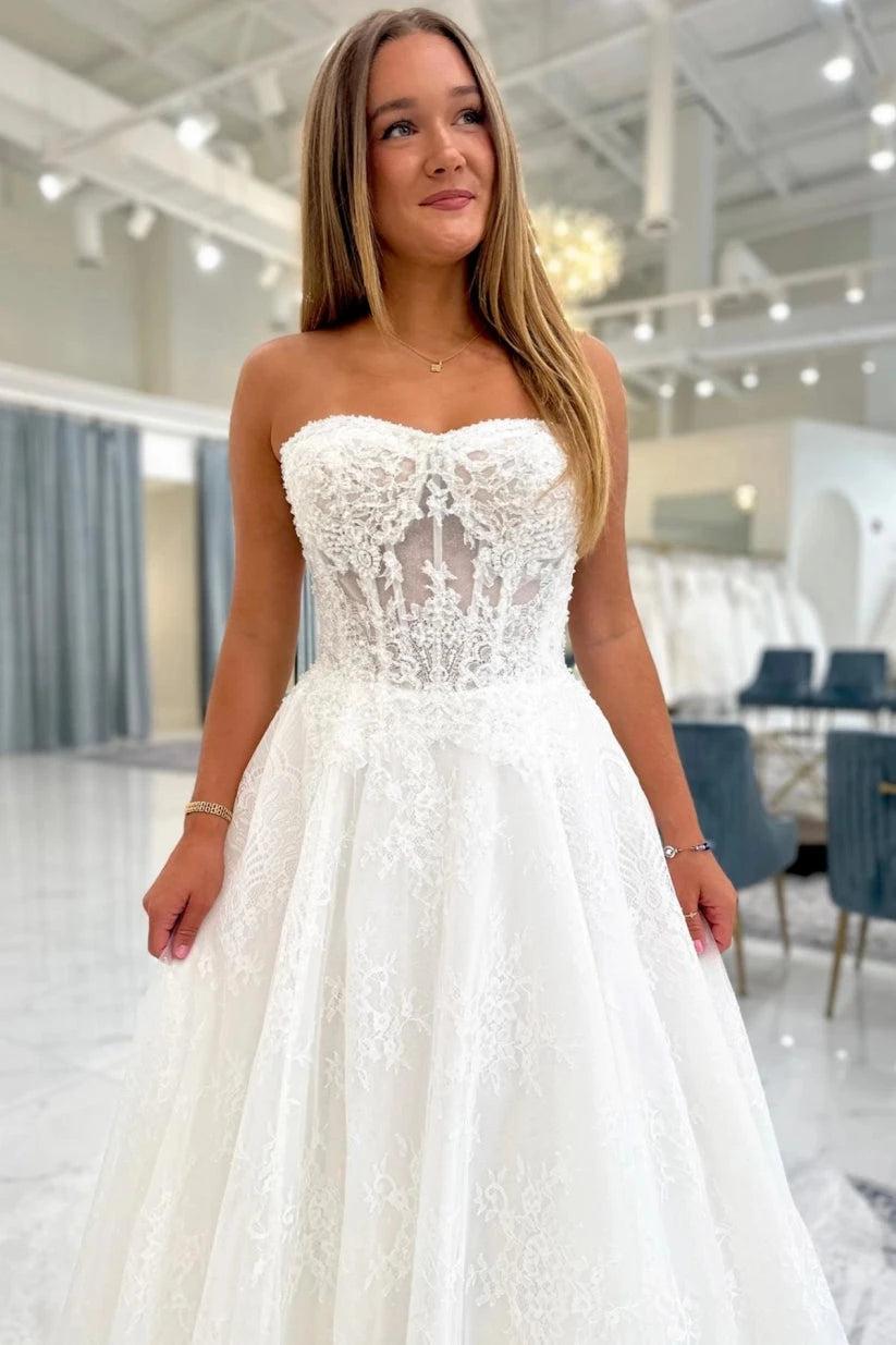 Ivory Lace A-Line Wedding Dress Strapless Sweetheart Illusion Beaded Boned Corset Detachable Off-Shoulder Sleeves Pearl Button Back Cathedral Train
