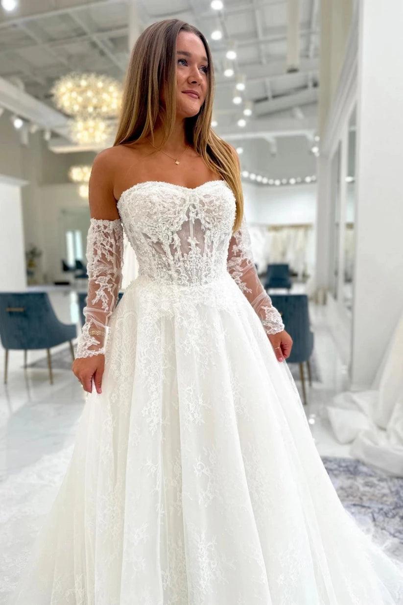 Ivory Lace A-Line Wedding Dress Strapless Sweetheart Illusion Beaded Boned Corset Detachable Off-Shoulder Sleeves Pearl Button Back Cathedral Train