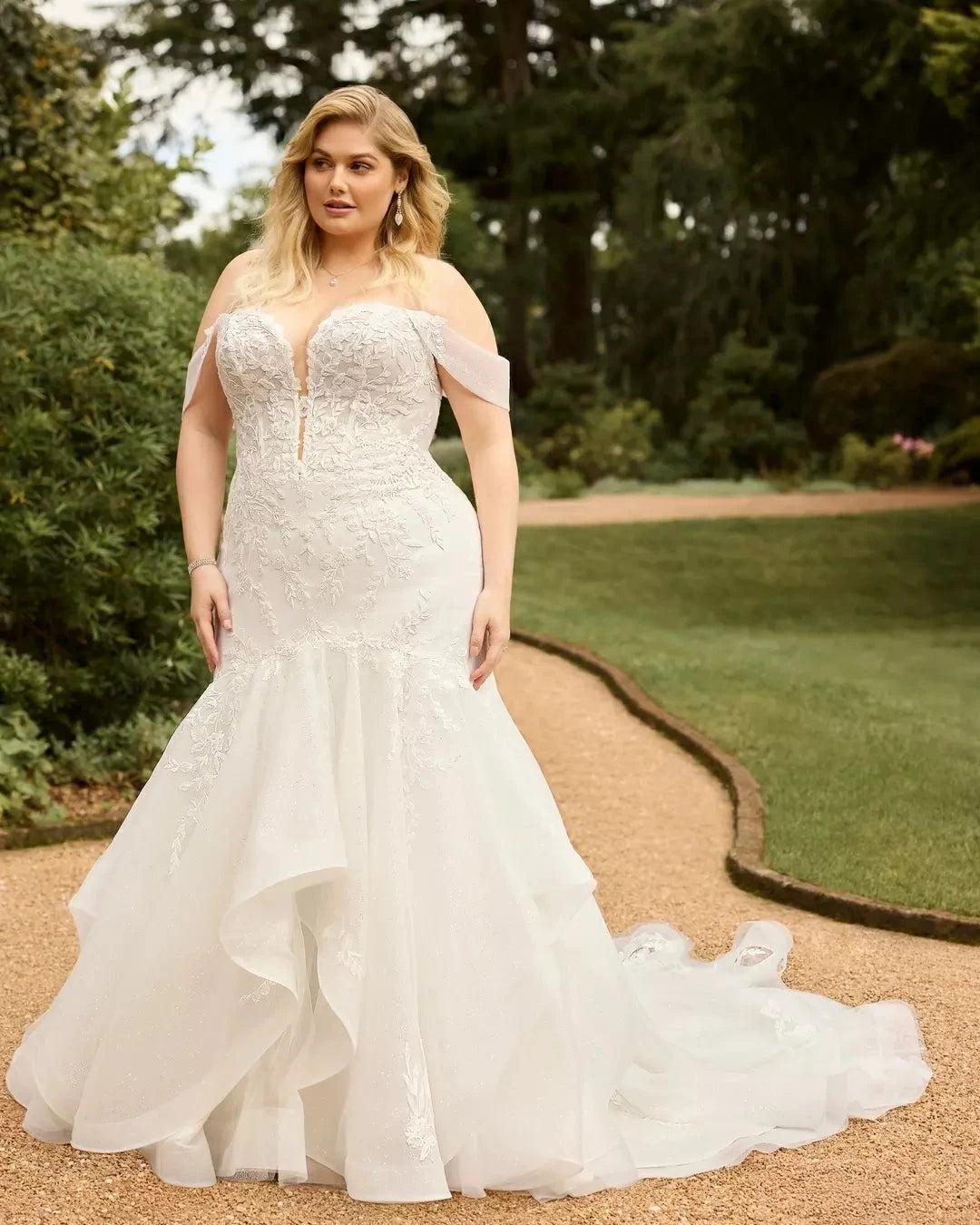 Ivory Lace Applique Mermaid Wedding Dress Off-the-shoulder Sleeveless Open Back Ruffle Cathedral Train Plus Size Bridal Gown