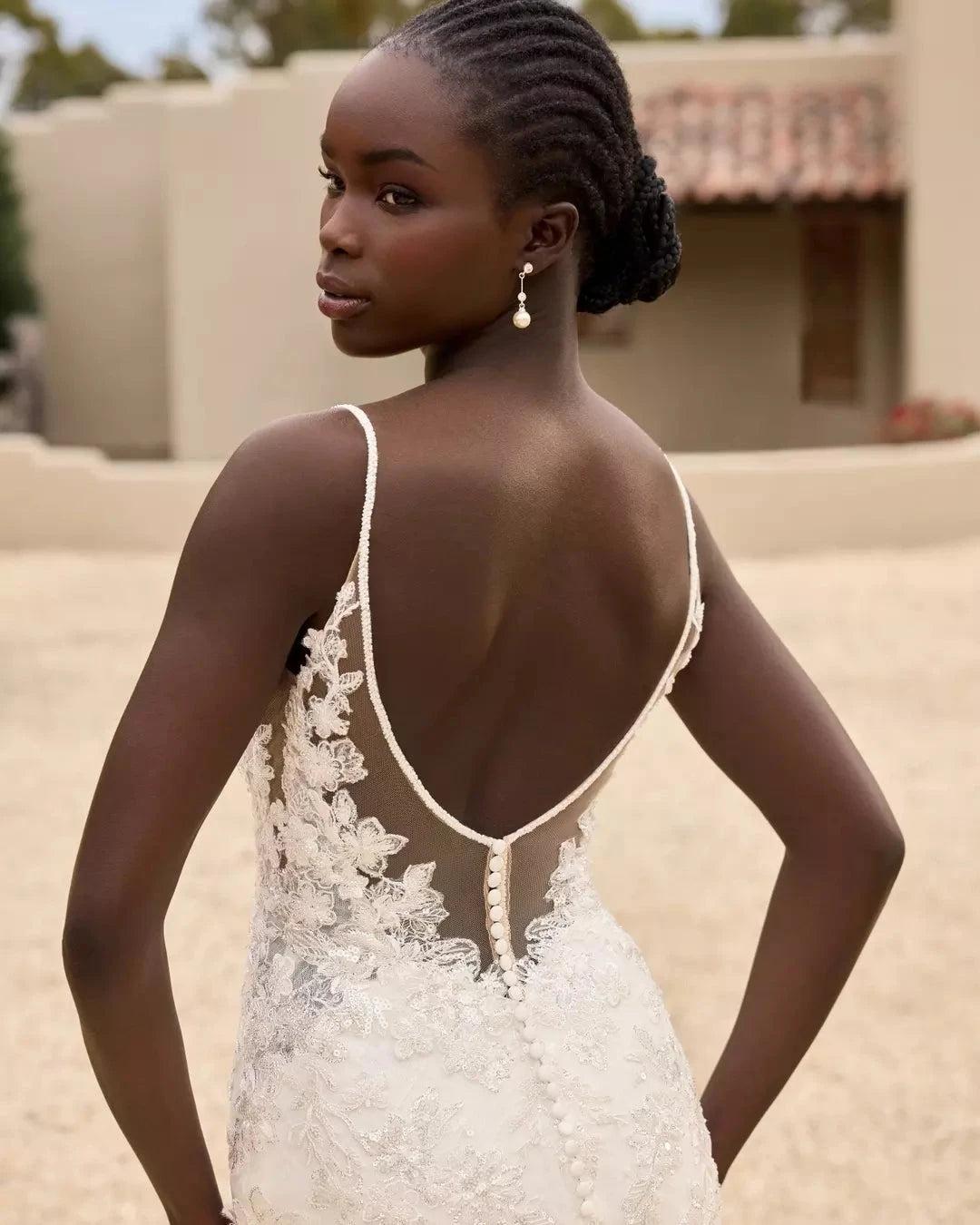 Ivory Lace Applique Mermaid Wedding Dress Spaghetti Straps V-Neck Open Back Covered Buttons Cathedral Train Bridal Gown