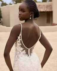 Ivory Lace Applique Mermaid Wedding Dress Spaghetti Straps V-Neck Open Back Covered Buttons Cathedral Train Bridal Gown