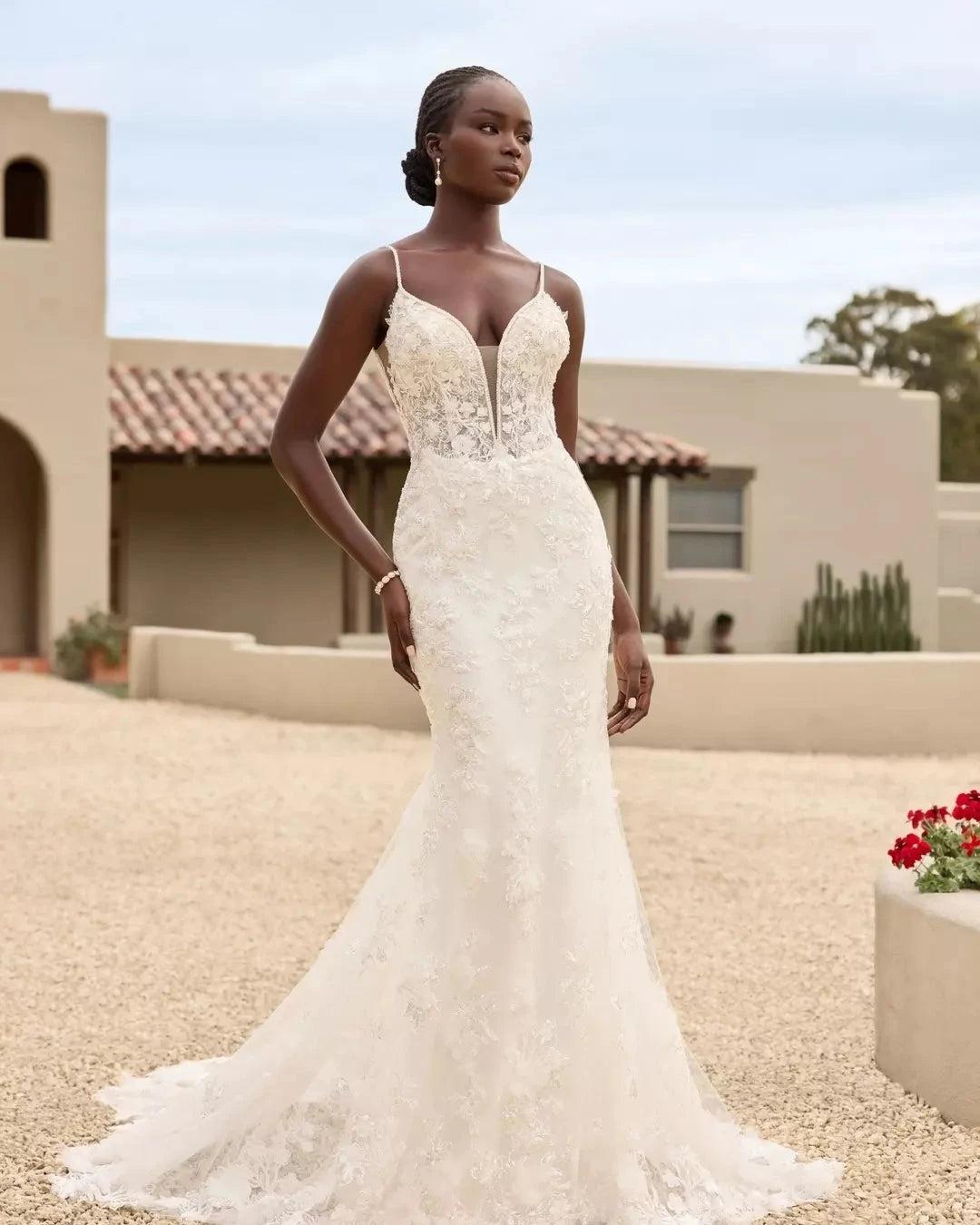 Ivory Lace Applique Mermaid Wedding Dress Spaghetti Straps V-Neck Open Back Covered Buttons Cathedral Train Bridal Gown