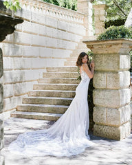 Ivory Lace Applique Mermaid Wedding Dress V-Neck Sleeveless Open Back Sweep Train Bridal Gown
