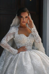 Ivory Lace Ball Gown Wedding Dress Sweetheart Long Sleeves Open Back Floral Embroidery Princess Bridal Gown with Cathedral Train