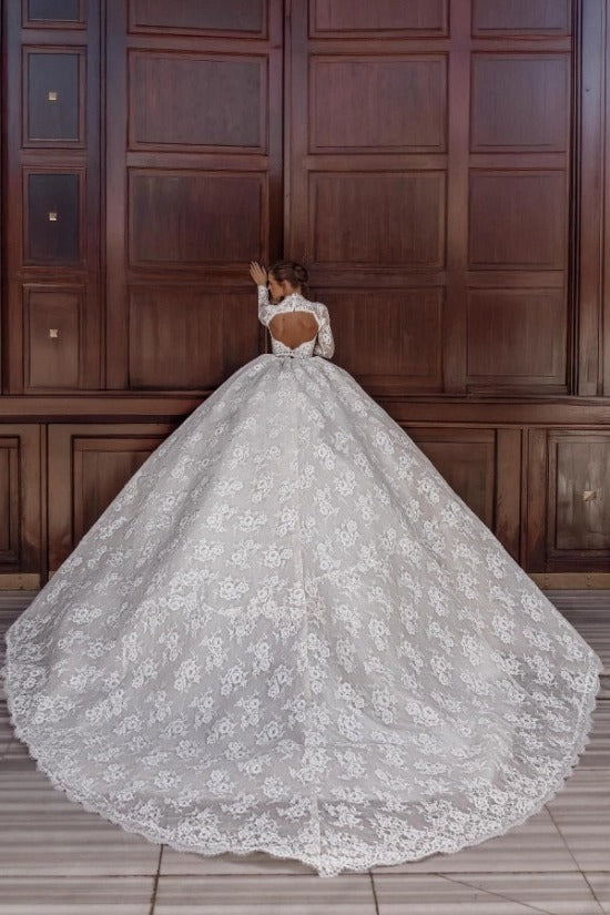 Ivory Lace Ball Gown Wedding Dress Sweetheart Long Sleeves Open Back Floral Embroidery Princess Bridal Gown with Cathedral Train