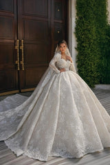 Ivory Lace Ball Gown Wedding Dress Sweetheart Long Sleeves Open Back Floral Embroidery Princess Bridal Gown with Cathedral Train