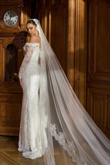 Ivory Lace Mermaid Wedding Dress Off-the-Shoulder Long Sleeves Illusion Plunge Corset 3D Floral Sequin Bridal Gown with Cathedral Train