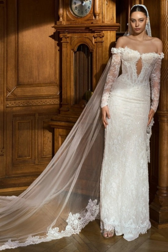 Ivory Lace Mermaid Wedding Dress Off-the-Shoulder Long Sleeves Illusion Plunge Corset 3D Floral Sequin Bridal Gown with Cathedral Train