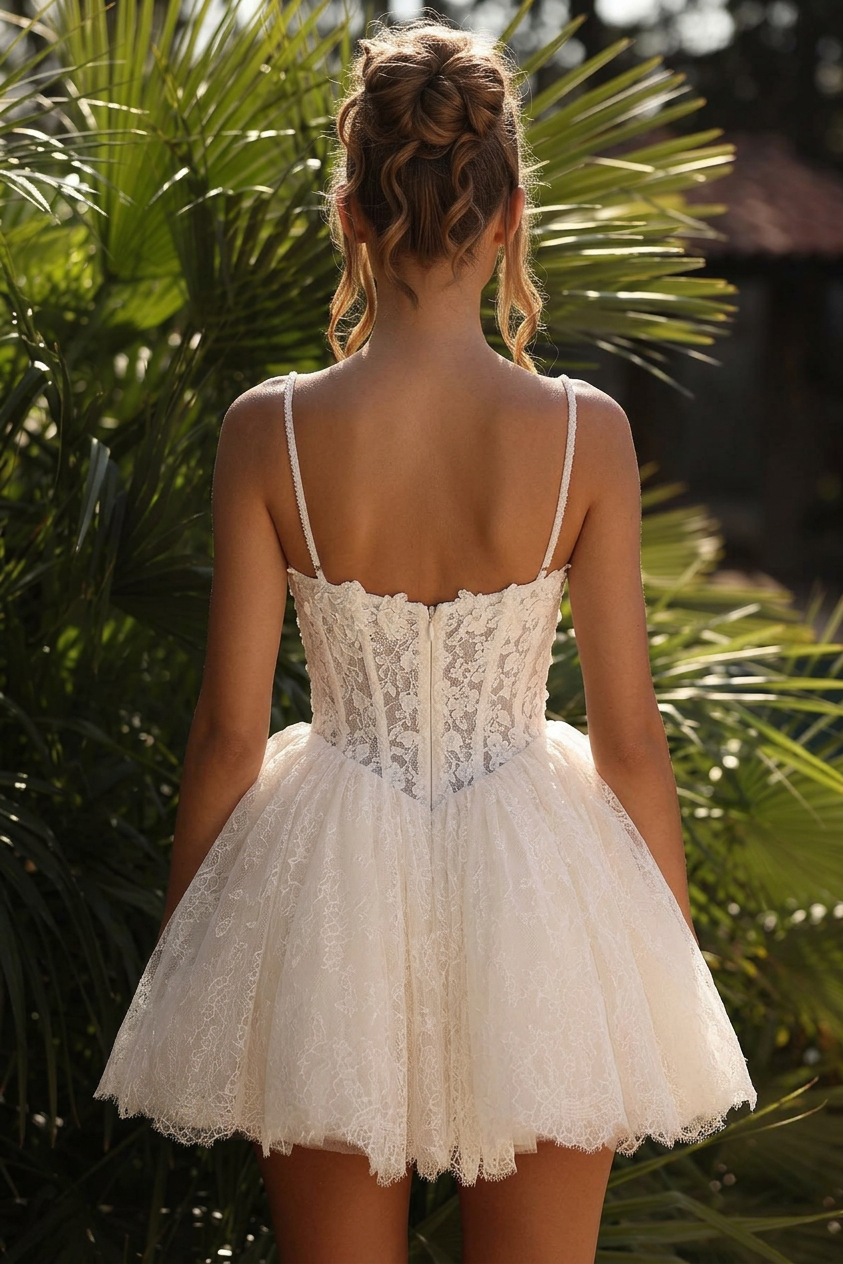 Ivory Lace Tulle Mini Wedding Dress Spaghetti Straps Sweetheart Sheer Illusion Lace Boned Corset Voluminous Lace Tulle Skirt Scallop Hem | Misshow misshow.com Ivory Lace Tulle Mini Wedding Dress Spaghetti Straps Sweetheart Sheer Illusion Lace Boned Corset Voluminous Lace Tulle Skirt Scallop Hem | Misshow misshow.com