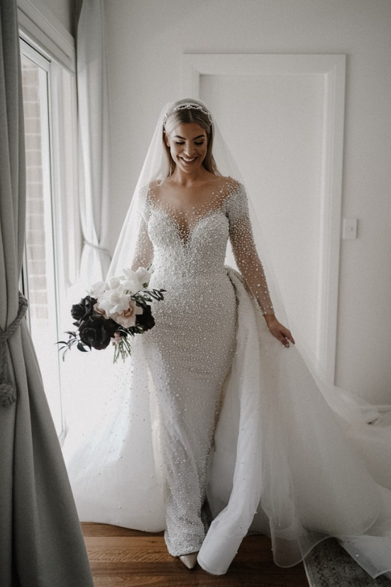 Ivory Long Sleeves Despatchable Train V-neck Button Wedding Dress with Fully coverd Pearls