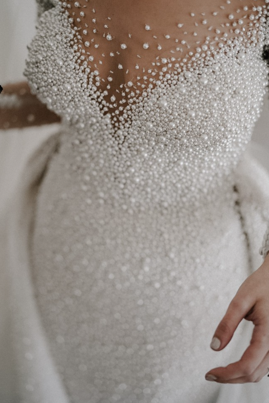 Ivory Long Sleeves Despatchable Train V-neck Button Wedding Dress with Fully coverd Pearls