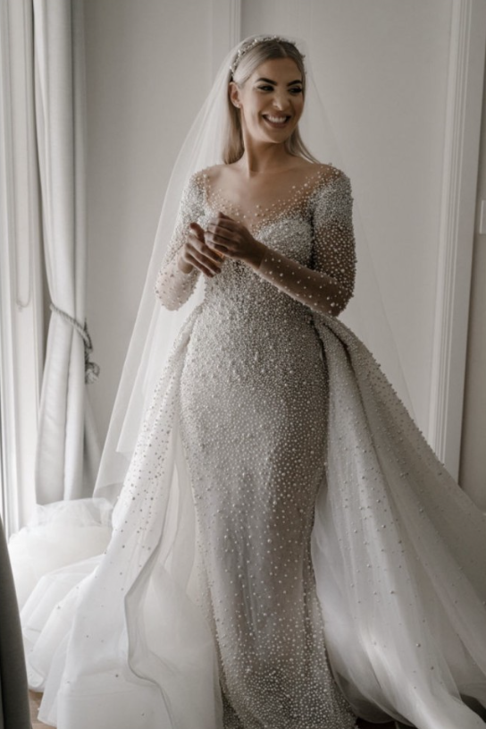 Ivory Long Sleeves Despatchable Train V-neck Button Wedding Dress with Fully coverd Pearls