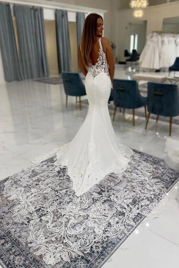 Ivory Mermaid Wedding Dress Deep V Neck Wide Lace Straps Illusion Baroque Lace Bodice Crepe Skirt Cathedral Lace Train Bridal Gown